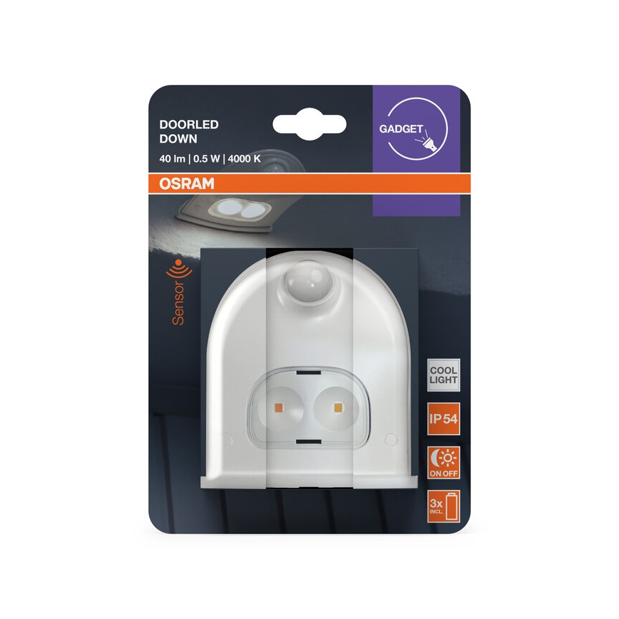 Osram - Aplică LED de exterior cu senzor DOORLED, 0,5 W, 3x AA, IP54, alb