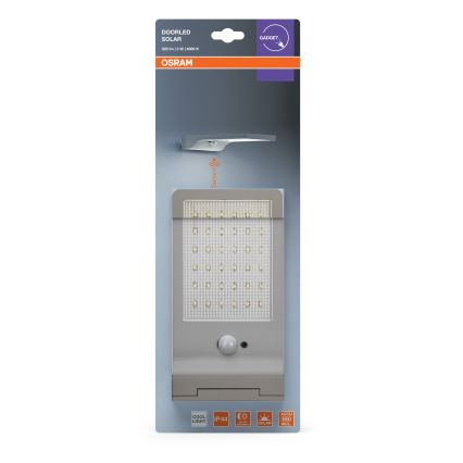 Osram - Aplica solară de perete cu senzor DOORLED, LED/3W/3,3V, 2000 mAh, IP44, argintie