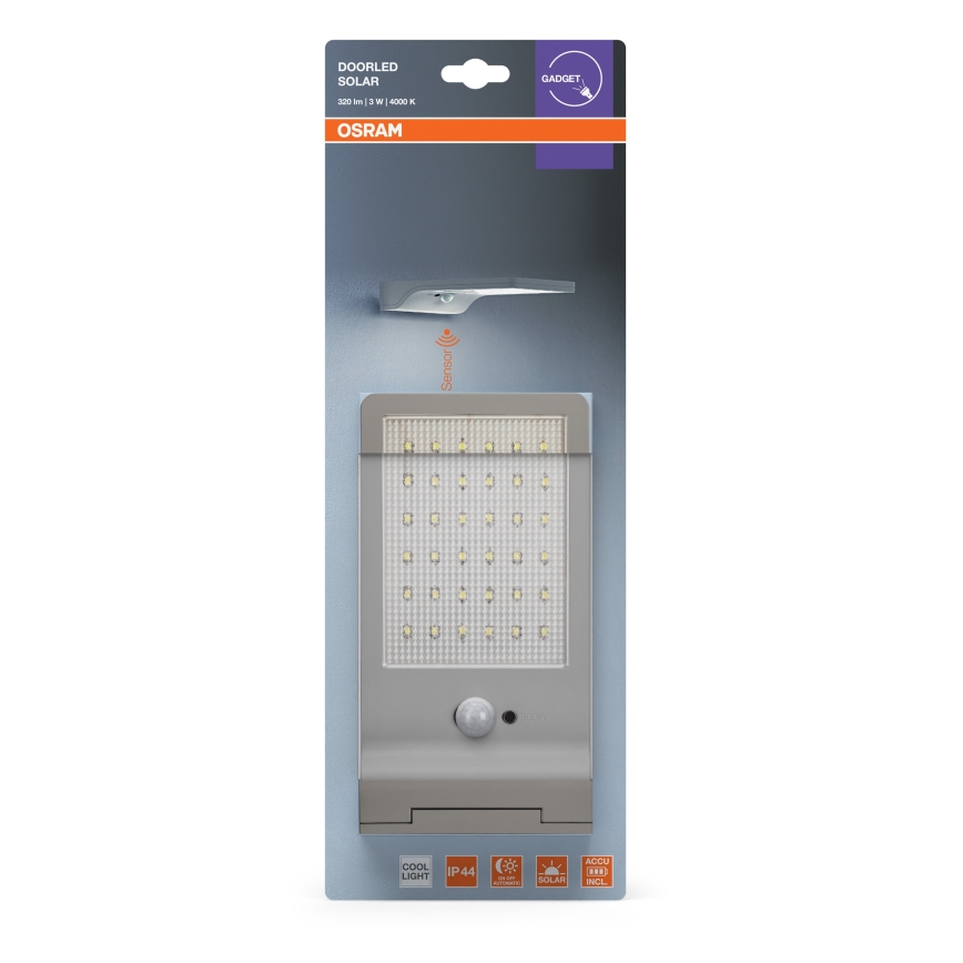 Osram - Aplica solară de perete cu senzor DOORLED, LED/3W/3,3V, 2000 mAh, IP44, argintie