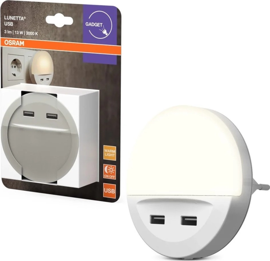 Osram - Lampă de veghe LED pentru priză cu senzor LUNETTA 2xUSB LED/13W/230V