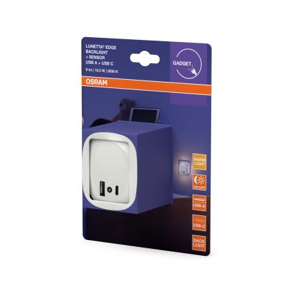 Osram - Lampă de veghe LED pentru priză cu senzor și USB LUNETTA LED/12,5W/230V alb