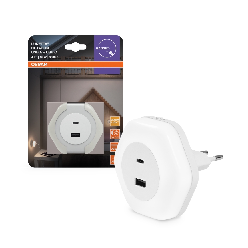 Osram - Lumină de veghe LED pentru priză cu USB LUNETTA LED/15W/230V albă