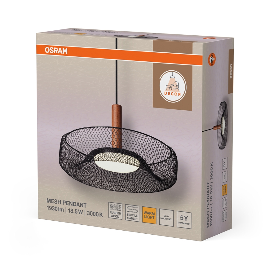 Osram - Lustră LED suspendată pe cablu DECOR MESH LED/18,5W/230V Ø 40 cm negru/lemn de cauciuc