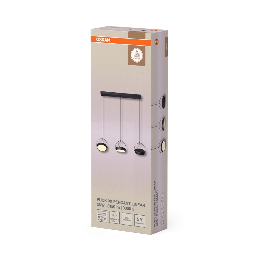 Osram - Lustră LED suspendată pe cablu DECOR PUCK, 3 x LED, 12 W, 230 V, CRI 90, negru