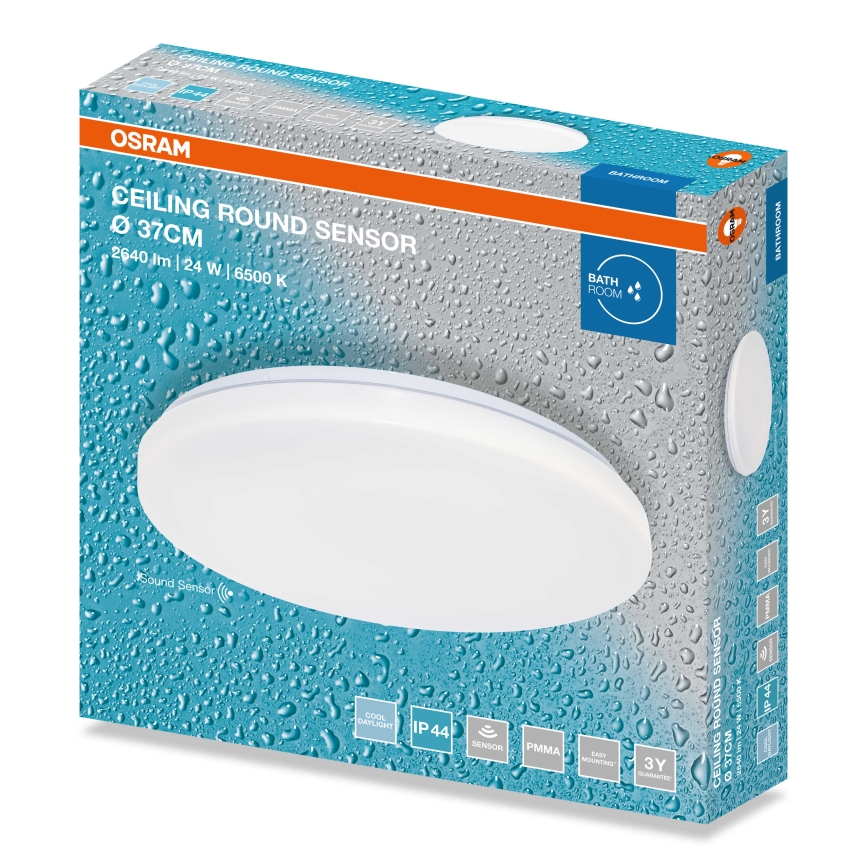 Osram - Plafonieră LED rotundă pentru baie, cu senzor de amurg, 24W, 230V, 6500K, Ø 37 cm, IP44, alb