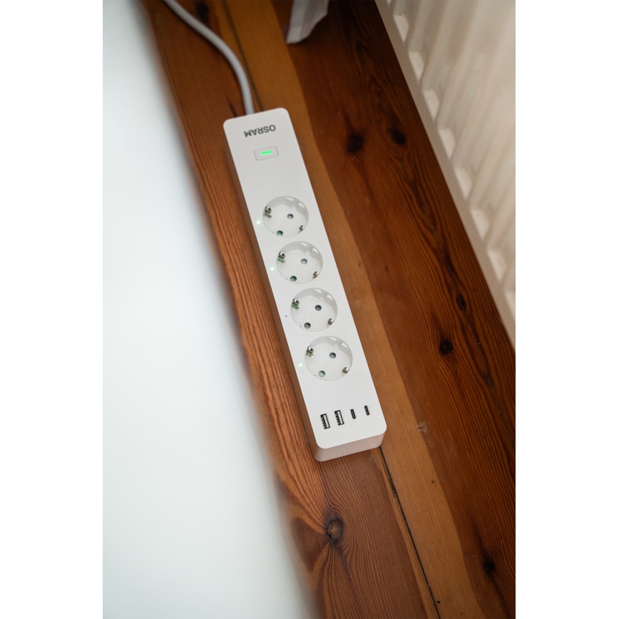 Osram – Prelungitor SMART+ cu 4 prize (tip F) + 2x USB-A + 2x USB-C, Wi‑Fi