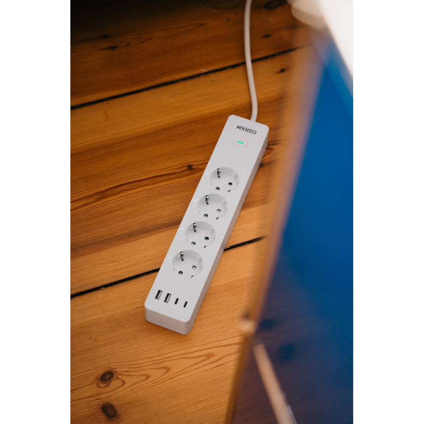Osram – Prelungitor SMART+ cu 4 prize (tip F) + 2x USB-A + 2x USB-C, Wi‑Fi
