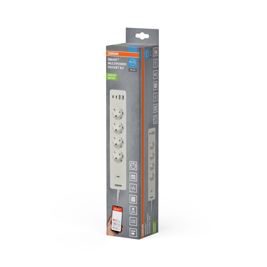 Osram – Prelungitor SMART+ cu 4 prize (tip F) + 2x USB-A + 2x USB-C, Wi‑Fi