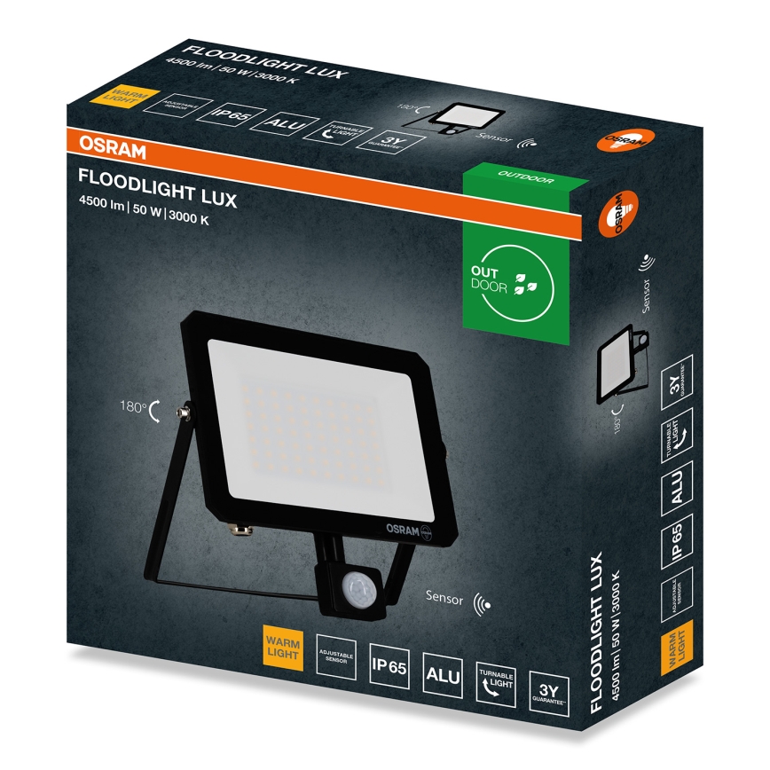 Proiector LED Osram cu senzor de mișcare și de crepuscul, 50W, 230V, 3000K, IP65, negru