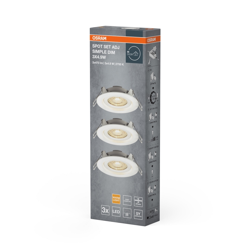 Osram - Set de 3 spoturi LED încastrate, reglabile, SPOT LED/4,9W/230V 2700K, Ø 8,7 cm, alb
