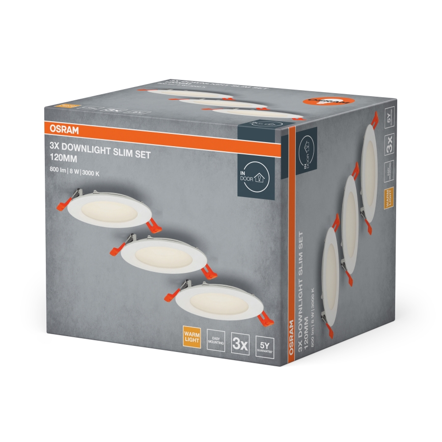 Osram - Set de 3 spoturi LED încastrate, 8W, 230V, 3000K, Ø 12 cm, alb