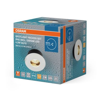 Osram Spot LED încastrat pentru baie, 1x GU10, 4,3 W, 230 V, 2700 K, CRI 90, Ø 8,5 cm, IP65, alb