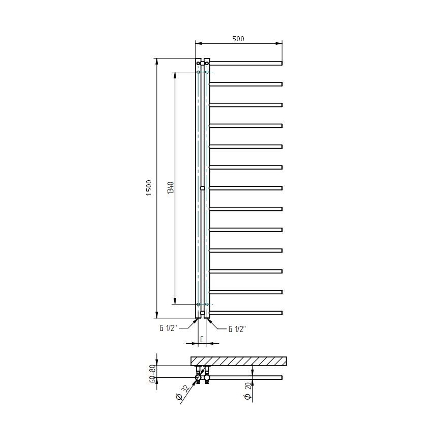 P.M.H. AP2W - Radiator de baie tip scară APOLLO 346 W, 150 cm, racordare pe dreapta, alb