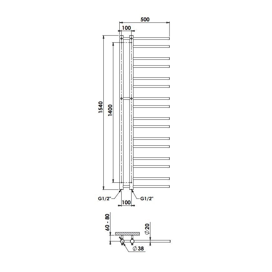 P.M.H. T2B-L - Radiator de baie tip scară THEIA, 352 W, 154 cm, stânga/negru