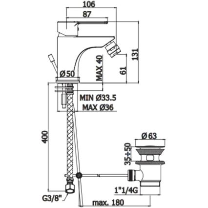 Paffoni - Baterie pentru bideu RED cu ventil de scurgere, crom lucios