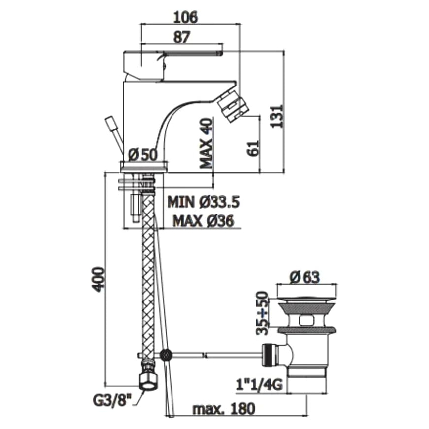 Paffoni - Baterie pentru bideu RED cu ventil de scurgere, crom lucios