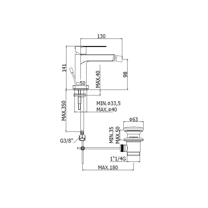 Paffoni - Baterie pentru bideu TANGO cu set de evacuare, inox