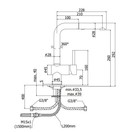 Paffoni - Baterie pentru chiuvetă LIGHT, cu duș extractibil, 29,2 cm, negru