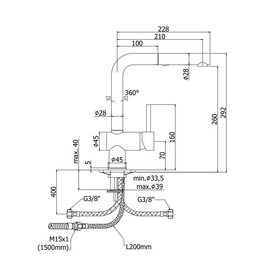 Paffoni - Baterie pentru chiuvetă LIGHT, cu duș extractibil, 29,2 cm, negru