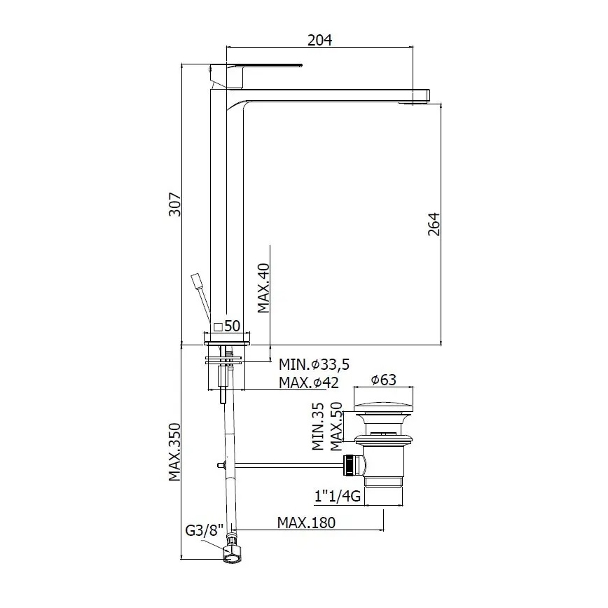Paffoni - Baterie pentru lavoar TANGO cu ventil pop-up, inox