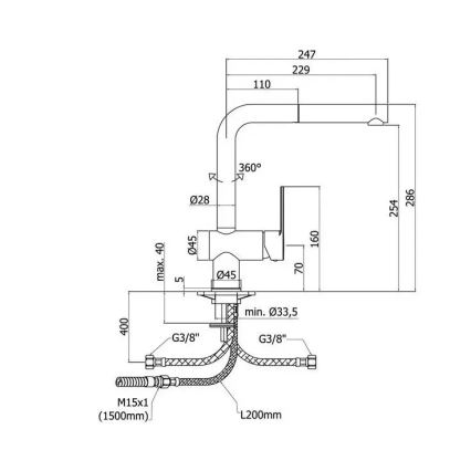 Paffoni RINGO - baterie pentru chiuvetă cu duș extractabil, 28,6 cm