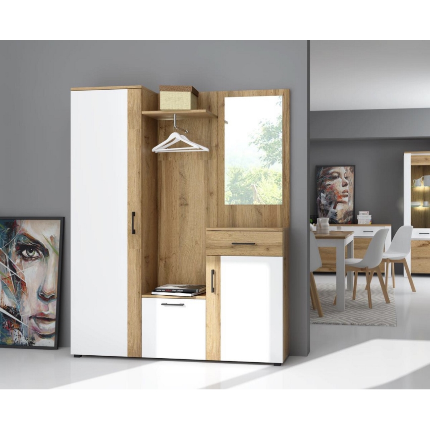 Panou pentru hol NOLAN cu oglindă, stejar artisan/alb