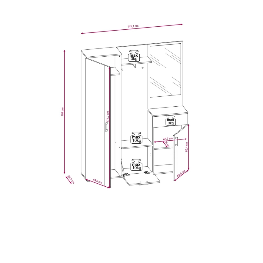 Panou pentru hol NOLAN cu oglindă, stejar artisan/alb