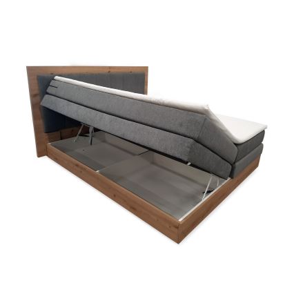 Pat boxspring JASMINE 180x200 cm, gri, cu saltele, topper și spațiu de depozitare