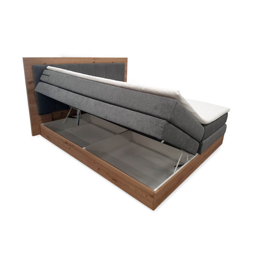 Pat boxspring JASMINE 180x200 cm, gri, cu saltele, topper și spațiu de depozitare