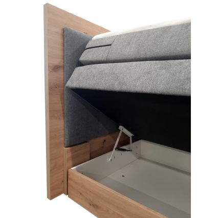 Pat boxspring JASMINE 180x200 cm, gri, cu saltele, topper și spațiu de depozitare