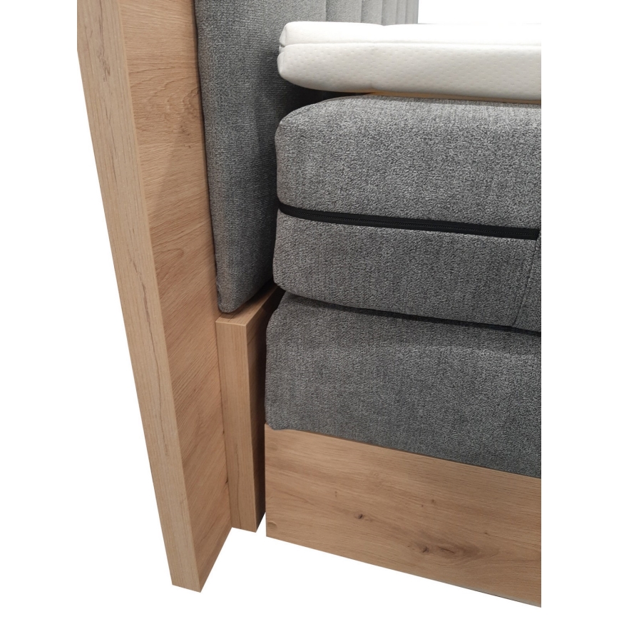 Pat boxspring JASMINE 180x200 cm, gri, cu saltele, topper și spațiu de depozitare