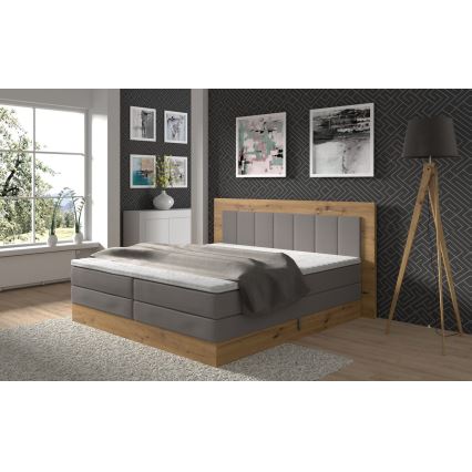 Pat boxspring JASMINE 180x200 cm, gri, cu saltele, topper și spațiu de depozitare