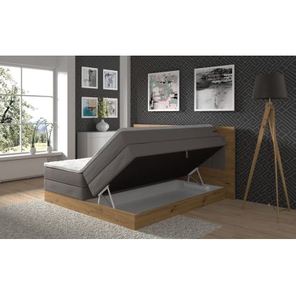 Pat boxspring JASMINE 180x200 cm, gri, cu saltele, topper și spațiu de depozitare