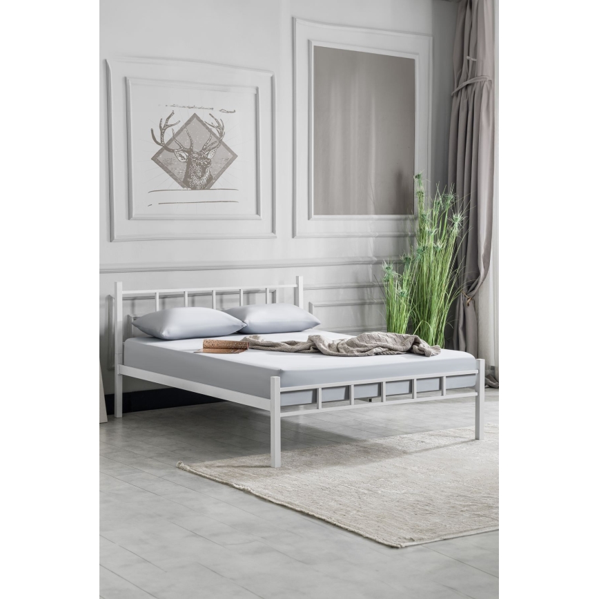 Pat dublu din metal ORMEL 160x200 cm, alb, capacitate de încărcare 200 kg