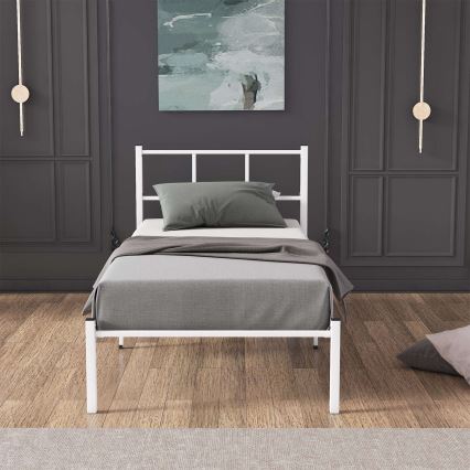 Pat metalic pentru o persoană ROVAN 90x200 cm, alb, sarcină maximă 120 kg