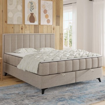 Pat tapițat ALICIA 140x200 cm, bej, cu saltele, topper și spațiu de depozitare