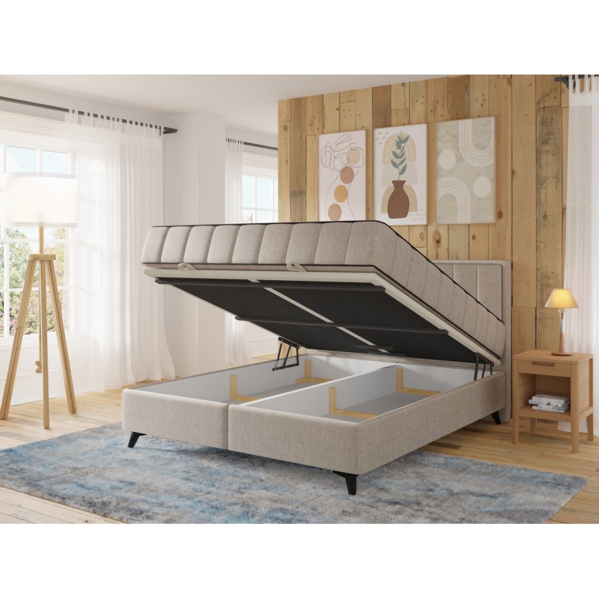 Pat tapițat ALICIA 160x200 cm, cu saltele și topper, prevăzut cu spațiu de depozitare, bej