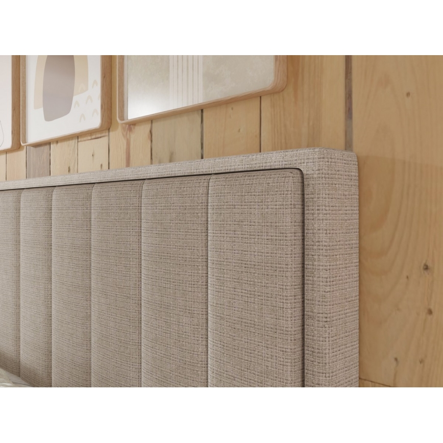 Pat tapițat ALICIA 160x200 cm, cu saltele și topper, prevăzut cu spațiu de depozitare, bej