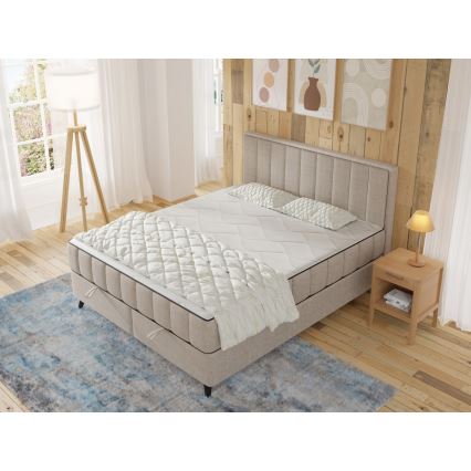 Pat tapițat ALICIA 160x200 cm, cu saltele și topper, prevăzut cu spațiu de depozitare, bej