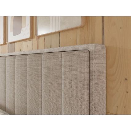 Pat tapițat ALICIA 180x200 cm, bej, cu saltele, topper și spațiu de depozitare