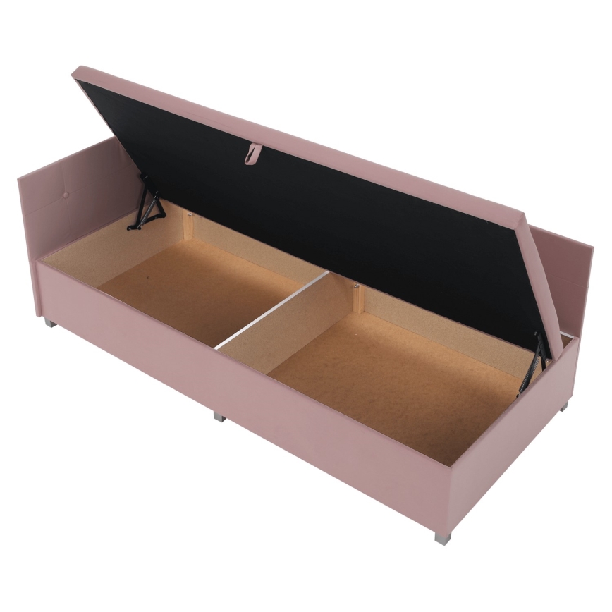 Pat tapițat AMSTERDAM 90x200 cm, roz, cu tăblie universală și spațiu de depozitare