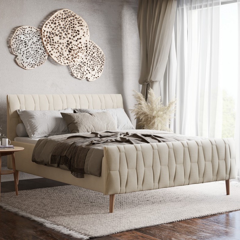 Pat tapițat FLORA, 160x200 cm, bej, fără saltea