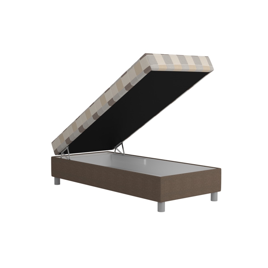 Pat tapițat GEORGE 90 x 200 cm, cu spațiu de depozitare și saltea, maro