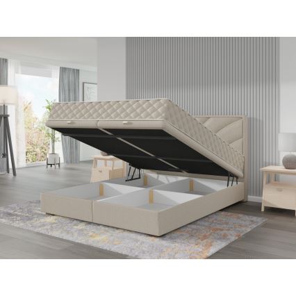 Pat tapițat GINA 140x200 cm, cu saltele și spațiu de depozitare, bej