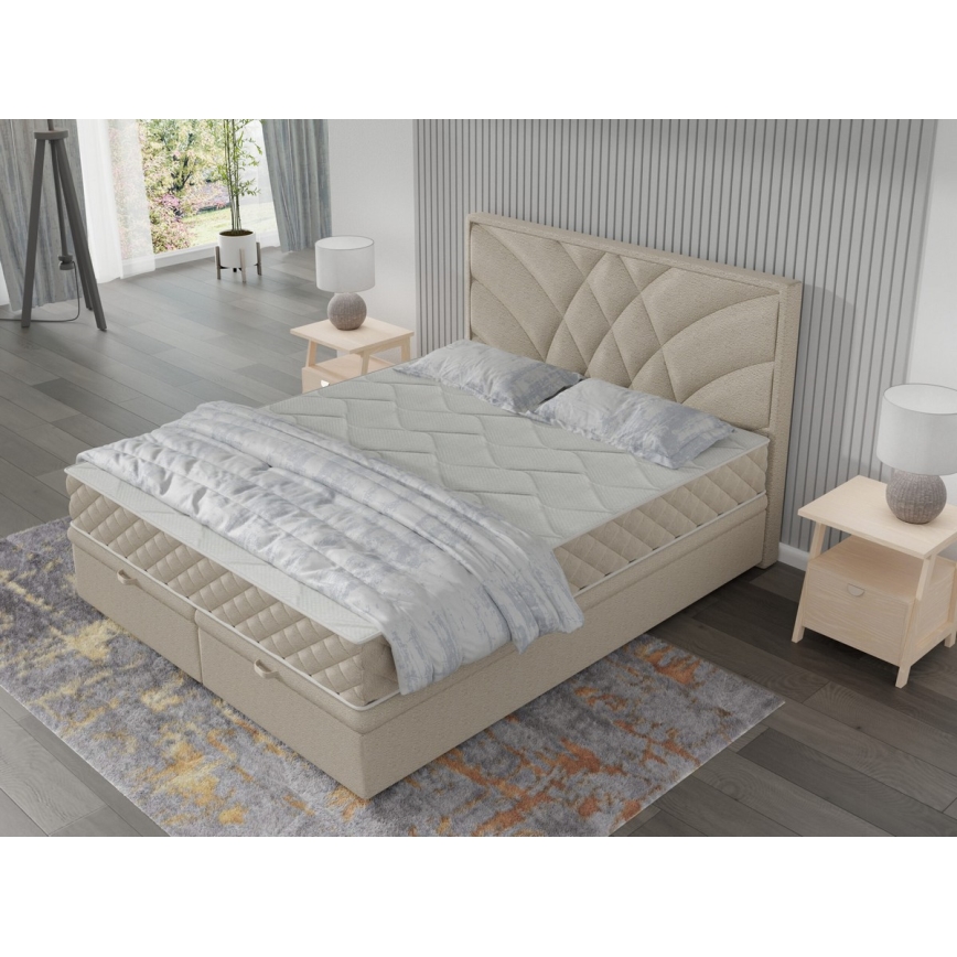 Pat tapițat GINA 140x200 cm, cu saltele și spațiu de depozitare, bej