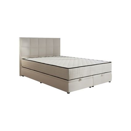 Pat tapițat GRACE 160x200 cm, bej, cu saltele incluse și spațiu de depozitare
