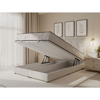 Pat tapițat GRACE 160x200 cm, bej, cu saltele incluse și spațiu de depozitare