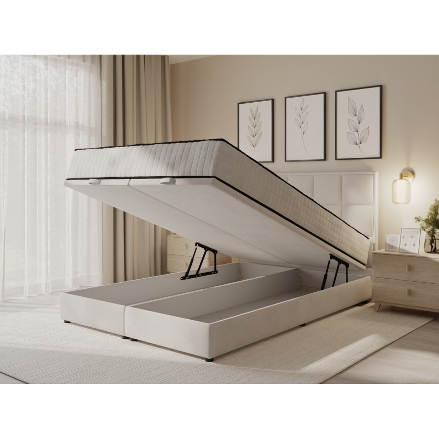 Pat tapițat GRACE 160x200 cm, bej, cu saltele incluse și spațiu de depozitare