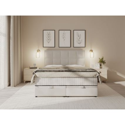 Pat tapițat GRACE 160x200 cm, bej, cu saltele incluse și spațiu de depozitare