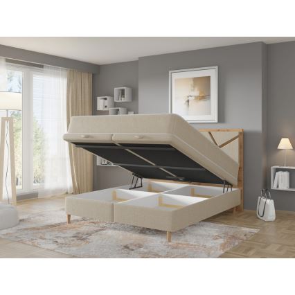 Pat tapițat NAOMI 160x200 cm, cu saltele și spațiu de depozitare, bej